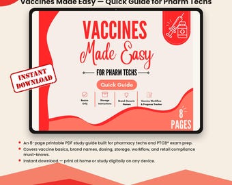 Könnte beinhalten: Ein digitaler Studienführer mit dem Titel Vaccines Made Easy for Pharm Techs auf einem Tablet-Bildschirm. Die rot-weiße Grafik enthält Symbole für eine Spritze und ein Fläschchen sowie Abschnitte für Grundlagen, Lagerung und Arbeitsabläufe.
