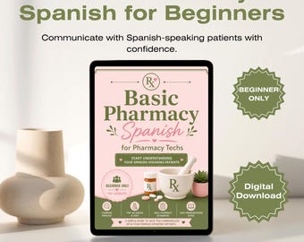Könnte beinhalten: Ein digitaler Leitfaden mit dem Titel Basic Pharmacy Spanish for Pharmacy Techs auf einem Tablet-Bildschirm. Das Cover zeigt einen Mörser mit Stößel, eine Pillendose und eine kleine Sukkulente. Der Text enthält Beginner Only, Digital Download und Created by CPHT Sara Aly.