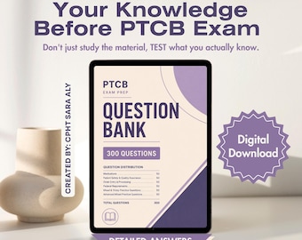 Könnte beinhalten: Ein digitales Tablet zeigt eine PTCB-Prüfungsvorbereitungs-Fragenbank mit 300 Fragen. Der Bildschirm zeigt violette und cremefarbene Grafiken, Details zur Fragenverteilung und das Label Digital Download. Der Text lautet 300 Questions to Test Your Knowledge Before PTCB Exam und Created By: CPHT Sara Aly.