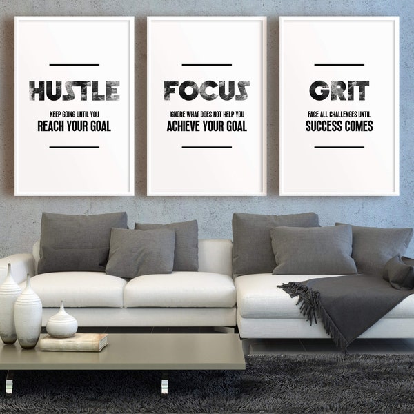 Hustle Focus Grit Set | Motivational Poster | inspirational entrepreneur wall art | Office Decor Art Print | Mural with saying/quote | mindset