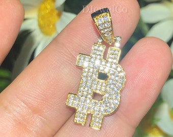 Moissanite Bitcoin Pendant, Iced Out Charm Pendant, Mens Diamond Pendant, Dainty Sterling Silver Pendant Him, Bitcoin Symbol Unisex Pendant
