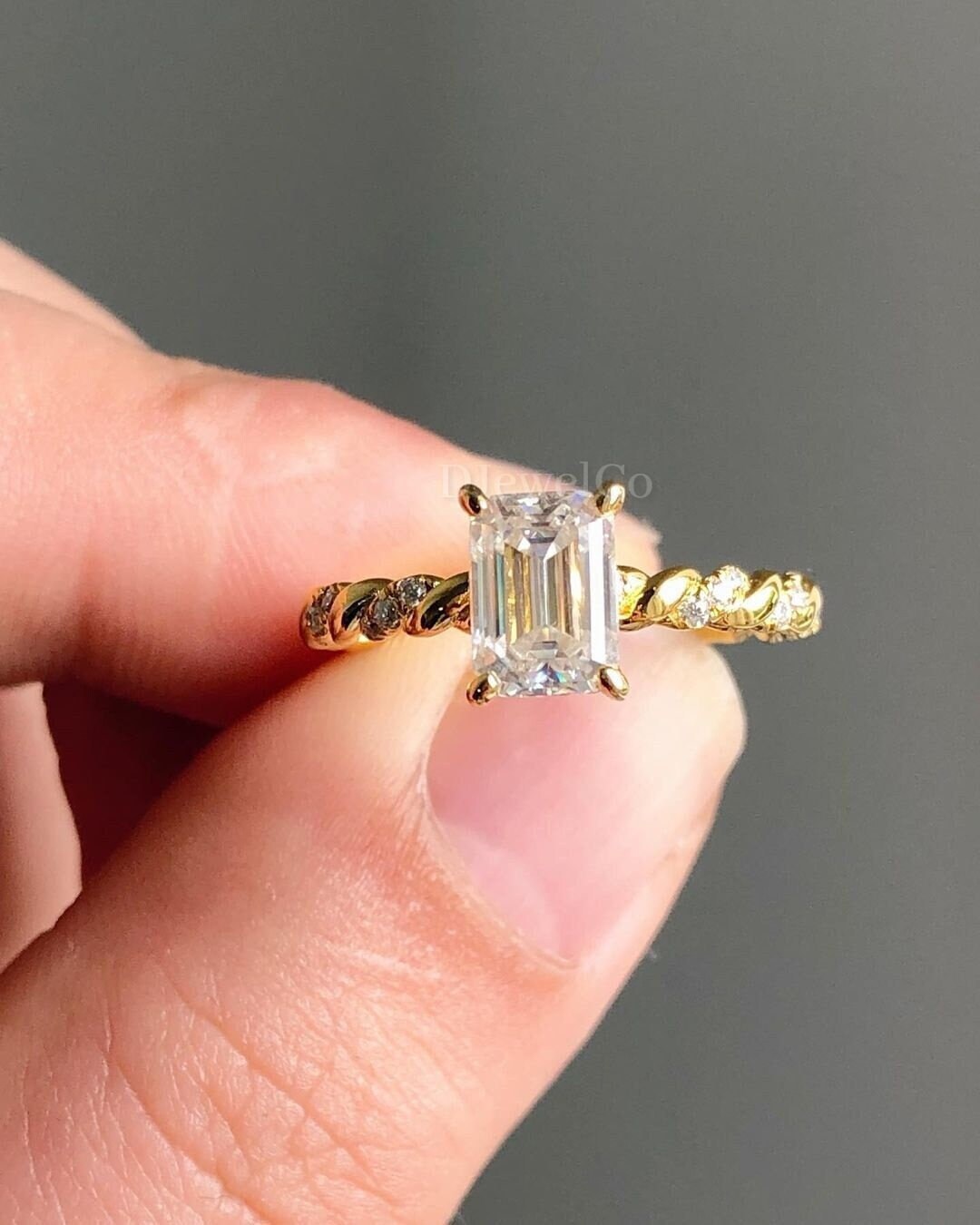 Unique Emerald Cut Moissanite Engagement Ring, Twisted Eternity Diamond