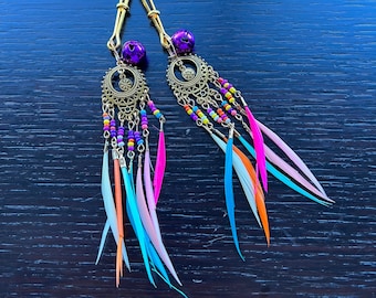 BDSM Adjustable Feathers Nipple Clamps LGBTQ Pride Jewelry Belly Dance Pendant Sex Toy