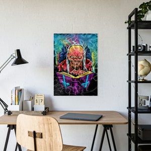 May include: A digital illustration of a red, melting, zombie-like figure with long, white hair, sitting in a throne-like chair and reading a purple book with blue symbols. The figure is surrounded by a swirling, colorful background.