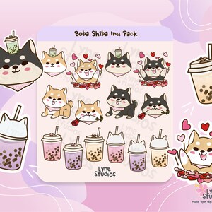 Cute Shiba Inu Boba Digital Stickers | GoodNotes File | Digital Bullet Journal | Individual PNGs | for iPad | Planner Decor | Valentine&#39;s