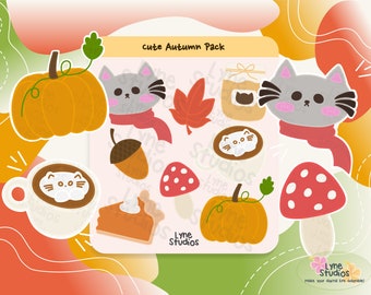 Cute Kawaii Cat Autumn Stickers | Digital Planner, GoodNotes (PNG)