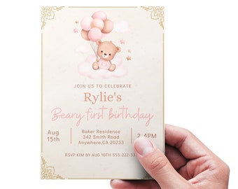 Beary first birthday pink girl invitation