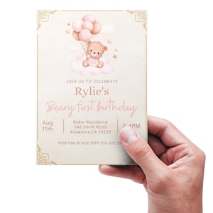 Beary first birthday pink girl invitation