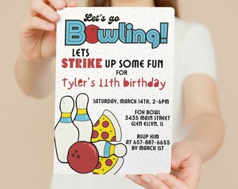 Retro bowling and pizza birthday party invitation
