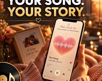 May include: A smartphone screen displays a music player interface with a pink heart graphic containing a white sound wave. The text reads: YOUR SONG. YOUR STORY. Made Just for You, A SONG, A MEMORY, A GIFT FROM THE HEART. Our Song, Custom Made, Just for You.