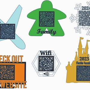 May include: A collection of six different QR code designs, each with a unique shape and color. The designs include a plane, a game piece, a snowflake, a castle, a hexagon, and a rectangle. The QR codes are all black and white and have different text around them, such as "Vacation", "Family", "Wifi", "2023 Florida Vacation", "Check Out Our Website", and "2024".