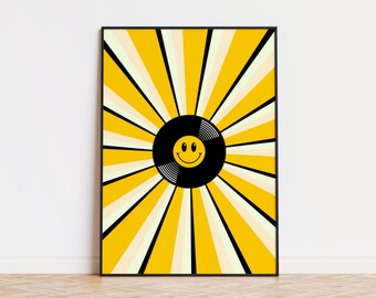 Smiley Sun Ray Descarga imprimible en negro y amarillo - Impresión de arte de pared de póster