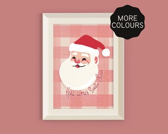 Aquí viene Papá Noel / Impresión festiva navideña / A5 A4 A3 / Arte sin marco / Póster colorido divertido / Regalo