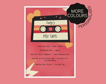 Lámina musical personalizada tipo mixtape / Decoración para el hogar / Regalo divertido / Impresión digital retro estilo años 80 en casete