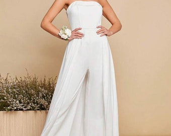 Eleganter langer Overall | Spitzen-Korsett-Overall | Weißer Overall | Zeremonienanzug | Hochzeitskleid | Strampler | Weite Beinhose Braut | Anzug