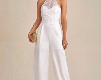 Elegante lange jumpsuit | Witte jumpsuit | Korsettopje van kant | Steentjes | Ceremoniepak | Trouwjurken | Rompertjes | Wijde Pijpen Broek Bruids | Pak