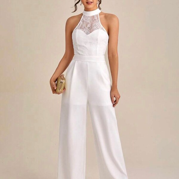 Elegant Long Jumpsuit | White Jumpsuit | Lace Corset Top | Strass | Ceremony Suit | Wedding Dress | Rompers | Wide Leg Pants Bridal | Tuta