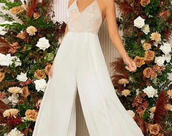 Elegant Long Jumpsuit | White Jumpsuit | Lace Corset Top | Strass | Ceremony Suit | Wedding Dress | Rompers | Wide Leg Pants Bridal | Tuta