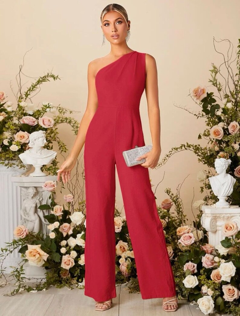 Combinaison longue élégante Combinaison à une épaule Combinaison de demoiselle d'honneur Costume de cérémonie Robes de mariée Barboteuses Pantalon large pour la mariée Costume Rouge