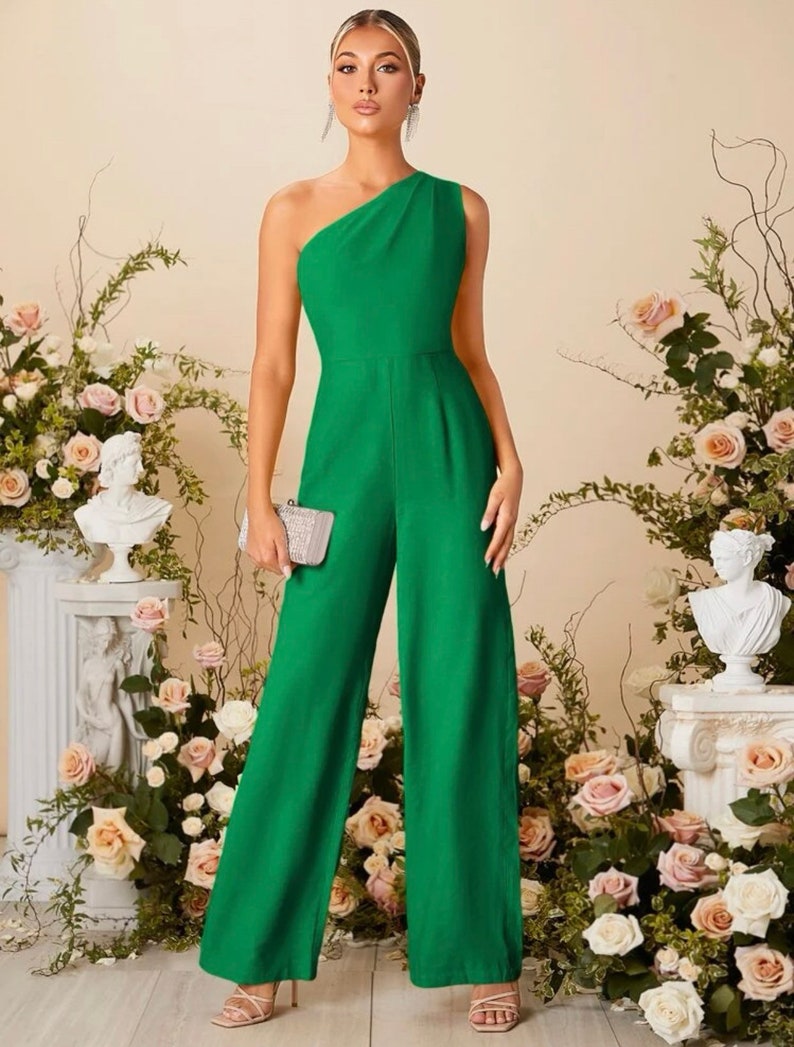 Combinaison longue élégante Combinaison à une épaule Combinaison de demoiselle d'honneur Costume de cérémonie Robes de mariée Barboteuses Pantalon large pour la mariée Costume Vert