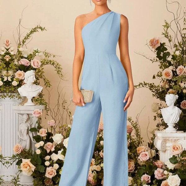 Elegant Long Jumpsuit | One Shoulder Jumpsuit | Bridesmaid Jumpsuit | Ceremony Suit | Wedding Dresses | Rompers | Wide Leg Pants Bridal | Suit