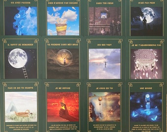 May include: A set of 12 cards with green borders and gold accents. Each card features a different image and a French phrase. The phrases include "Vis avec passion", "Rien n'arrive par hasard", "Dans ton cœur", "N'aie pas peur", "Il suffit de demander", "Te prendre dans mes bras", "Dis-moi tout", "Je ne t'abandonnerai pas", "Fais ce qui te chante", "Je me repose", "Je crois en toi", and "Une bougie".