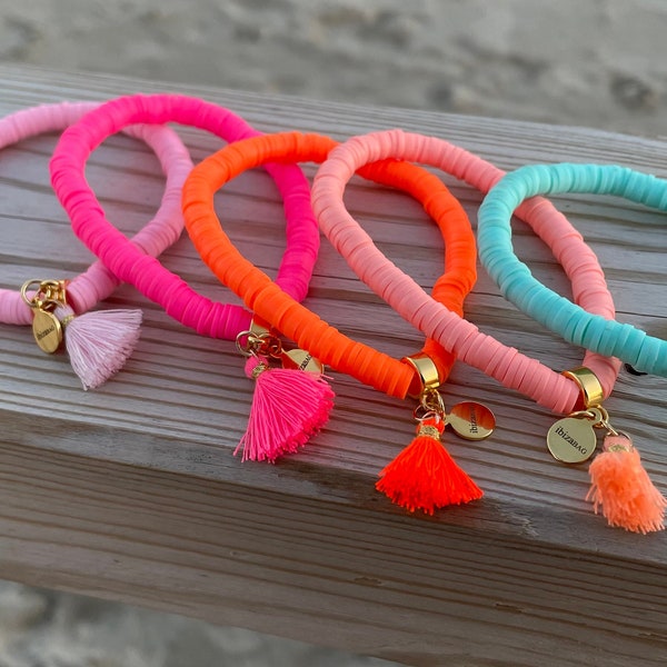 Pink Orange Neon Bracelet with Tassel Katsuki Heishi Beads Ibiza Bracelet