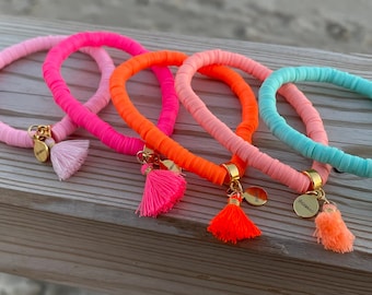 Armband Pink Orange Neon mit Quaste Katsuki Heishi Perlen ibiza Bracelet