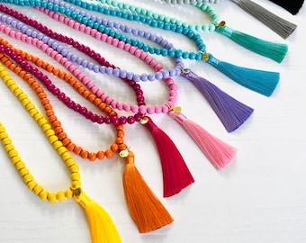 Long necklace, wooden bead necklace, tassel necklace, mala necklace, statement necklace, boho, ibiza, jewelry, gift women