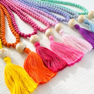 Wooden bead necklace, necklace with tassel, summer necklace