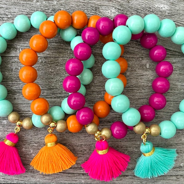 Pulsera de cuentas de madera con borla, joyería ibiza, pulsera de colores