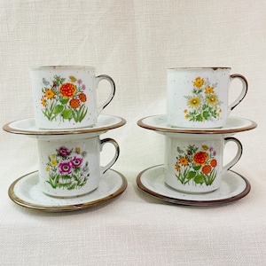 Vintage Otagiri Speckeld Mug and Saucer Set x 4  - Botanical Tea Set - Wildflower Coffee Cup