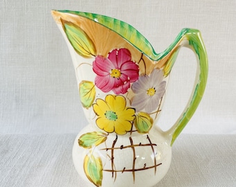Vintage handpainted floral pottery pitcher jug vase
