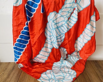 Vintage Echo Scarf,  100% Silk Scarf, Square Headscarf,  Rope Nautical Design, Red Blue White scarf,