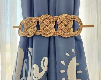 Handwoven Jute Rope Curtain Tiebacks – Nautical Knot Macrame, Set of 2