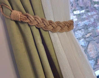 Braided Jute Rope Curtain Tiebacks - Coastal Beach House Decor - 2 pcs