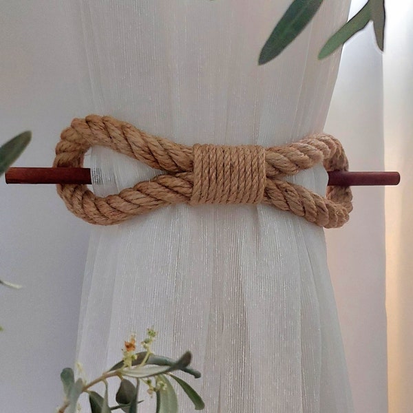 2 Pieces Extravagant Jute Rope Curtain Tiebacks with Elegant Brown Wooden Rods - Curtain Accessories