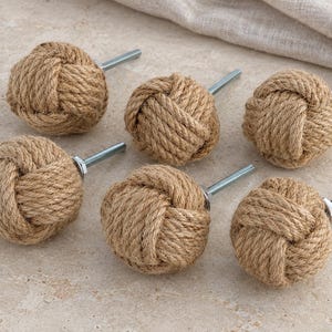 Handmade Jute Rope Monkey Fist Drawer Pulls, Nautical Cabinet Knobs Set, Coastal Beach House Furniture Hardware, Rustic Dresser Handle