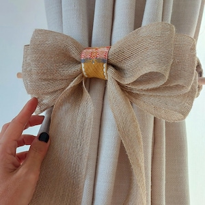 2 Pcs Jute Rope Curtain Tiebacks with Burlap Ribbon Details – Home Decor – Handcrafted Curtain Holders – Farmhouse Style Window Accessories