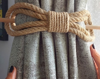 Jute Rope Curtain Tiebacks with Wooden Rods - Set of 2