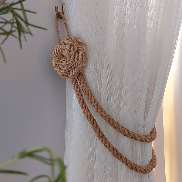 2 pieces Handcrafted Elegant Curtain Tiebacks with Thick Jute Rope and Handmade Rose Detail - Curtain Accessory - Unique Gifts