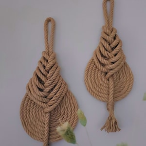 Set of 2 Jute Rope Pipa Knot Wall Decor – Handmade Boho Rustic Wall Hanging – Coastal Farmhouse Home Decor