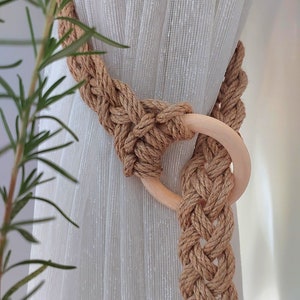 2 Piece Handcrafted Curtain Tiebacks Made with Jute Rope Woven on Wooden Rings- Handmade Gifts