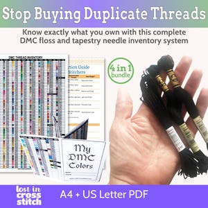 Könnte beinhalten: Ein Bild mit schwarzem DMC-Stickgarn, Inventartabellen und Anleitungen. Der Text lautet "Stop Buying Duplicate Threads" und "My DMC Colors". Das Bild enthält auch den Text "4 in 1 bundle".