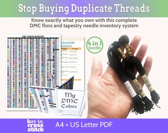 Pacchetto completo di inventario dei fili DMC e pianificatore di punto croce / PDF Floss Tracker, guida alle dimensioni degli aghi / Download immediato