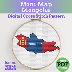 Patrón de punto de cruz digital con el mapa de la bandera de Mongolia en formato PDF, descarga instantánea. Un punto de cruz rápido para principiantes y expertos.