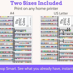 Op de afbeelding: Twee afdrukbare kleurenkaarten voor DMC borduurgaren, in A4- en US Letter-formaten. De kaarten tonen een breed scala aan draadkleuren, met de tekst "My DMC Colors" op elke kaart. De tekst "Shop Smart. See what you already have, instantly." is ook opgenomen.