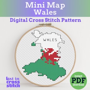 Wales kaart Cross Stitch patroon digitale PDF Instant Download Vier Wales met dit Y Ddraig Goch vlag-geïnspireerde stikselontwerp