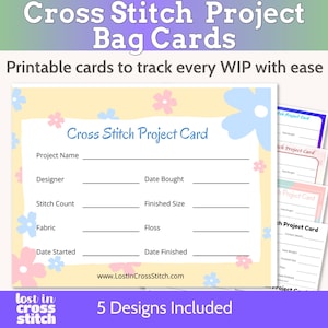 Tarjetas para bolsas de proyectos de bordado de punto de cruz, seguimiento de progreso imprimible, hojas de seguimiento de proyectos, PDF en formato A4 y Carta estadounidense
