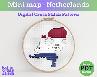 Netherlands Cross Stitch Pattern, Tiny Flag Map, Dutch Wall Art and Travel Souvenir, Instant PDF Download